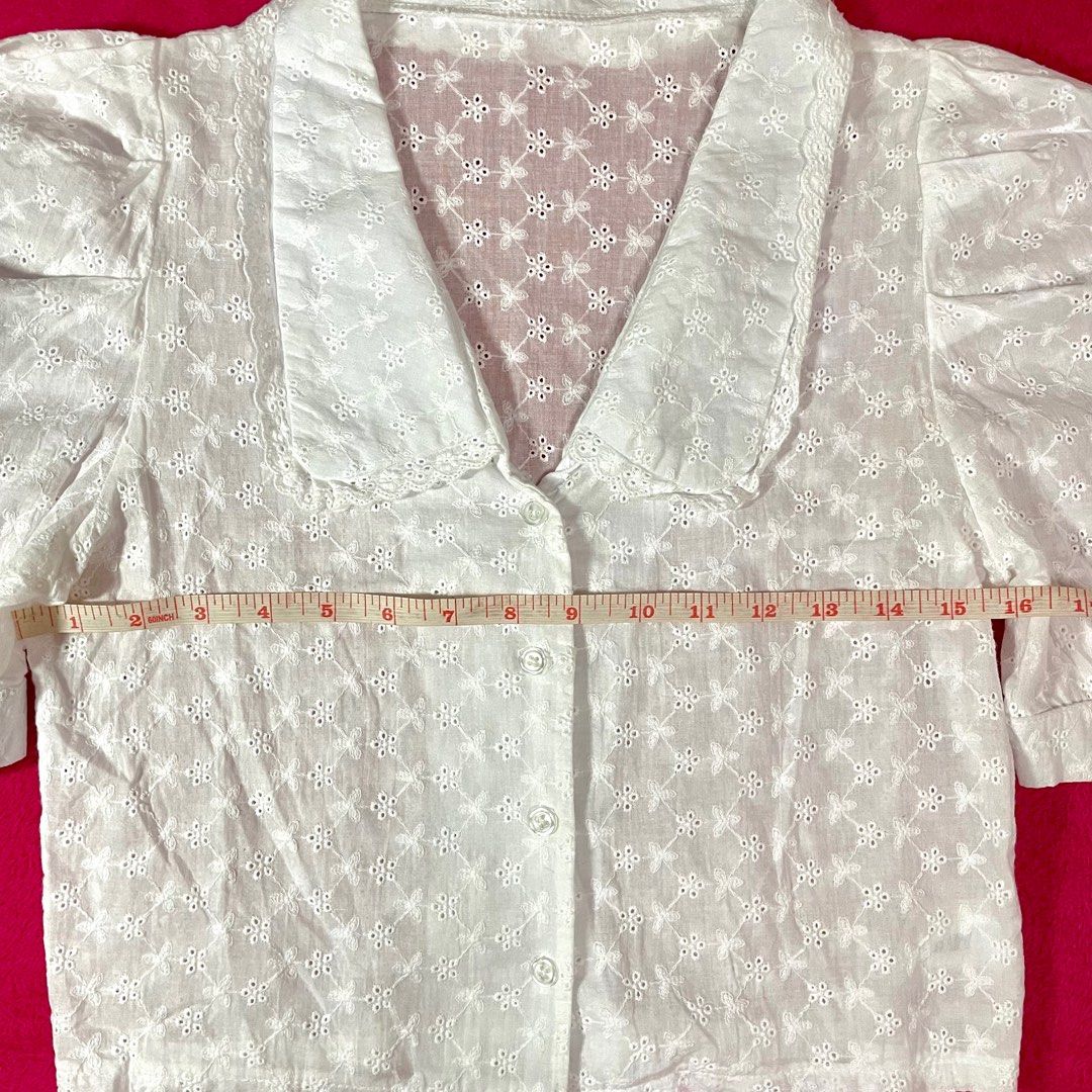 White Embroidered Eyelet Collar Puff Sleeve Blouse (Category: Blouses) located in Davao. Submitted by ourlovedthing (Listing ID 1383219743, Image 3). Description: Nice fit! Fits Sizes: XXS to M; see photos for measurements Condition: 10/10 (no flaws & in great condition) Please manage your expectations as this is a preloved item. What you see is what you get. Flaws are stated, otherwise the item is in great condition. *Color may vary due to light