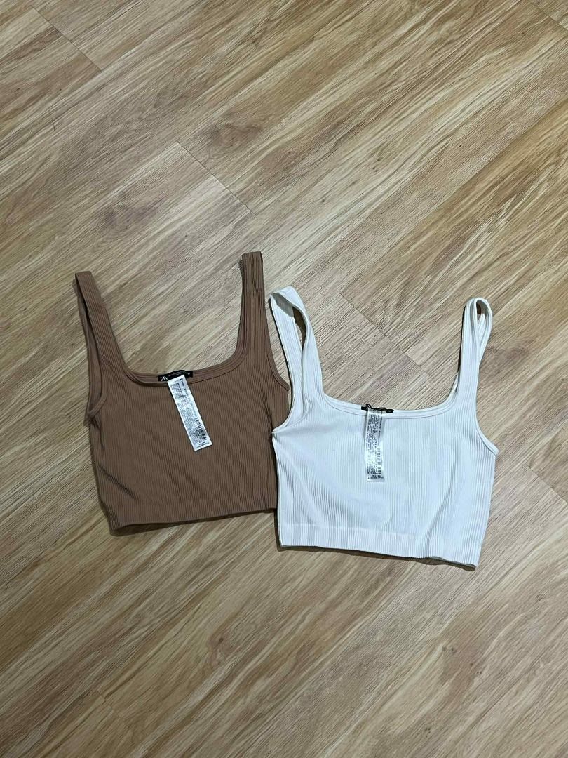 Zara Brown and White Bundle Ribbed Tank Tops (Category: Blouses) located in San Juan City. Submitted by ctyaps (Listing ID 1383232594, Image 1). Description: 800 for both.