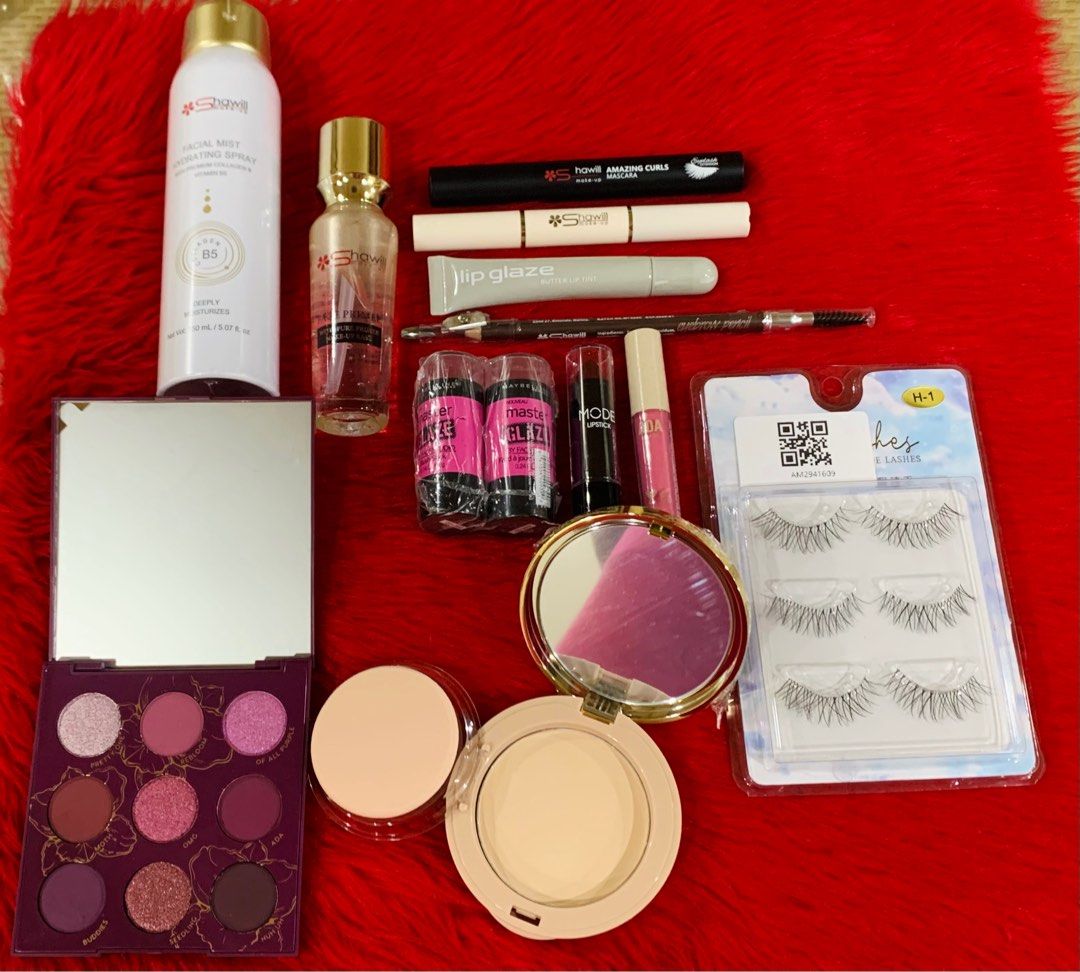 Assorted makeup set #3 (Category: Makeup) located in Quezon City. Submitted by jaianaapura (Listing ID 1383314515, Image 1). Description: All brandnew and authentic Colourpop eyeshadow palette Maybelline blush stick Aoa lip glazed Mode matte lipstick Aoa liquid blush Shawill primer Shawill mascara Shawill concealer & highlighter Shawill eyebrow pen Shawill setting spray Shawill porcelain powder 3 pairs false eyelashes Location: Project 4 cubao qc