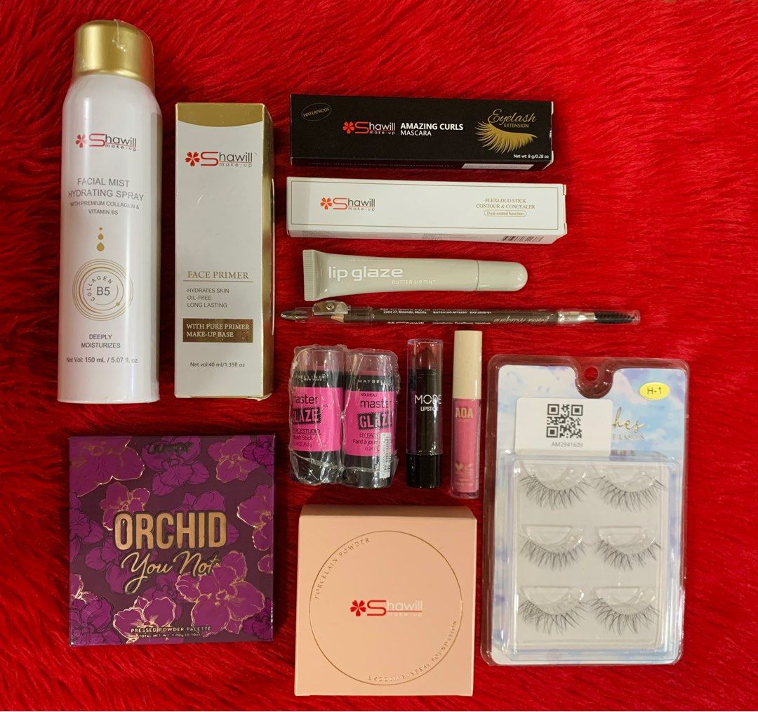Assorted makeup set #3 (Category: Makeup) located in Quezon City. Submitted by jaianaapura (Listing ID 1383314515, Image 2). Description: All brandnew and authentic Colourpop eyeshadow palette Maybelline blush stick Aoa lip glazed Mode matte lipstick Aoa liquid blush Shawill primer Shawill mascara Shawill concealer & highlighter Shawill eyebrow pen Shawill setting spray Shawill porcelain powder 3 pairs false eyelashes Location: Project 4 cubao qc