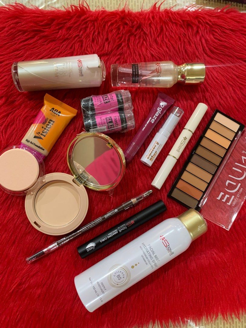 Assorted Set #4 (Category: Makeup) located in Quezon City. Submitted by jaianaapura (Listing ID 1383315333, Image 2). Description: All authentic and brandnew Aoa eyeshadow palette Aoa foundation Aoa lip glazed Aoa buttery blur lipstick Maybelline blush stick Shawill primer Shawill mascara Shawill concealer and highlighter Shawill porcelain powder Shawill eyebrow pen Locatin: Project 4 cubao qc .