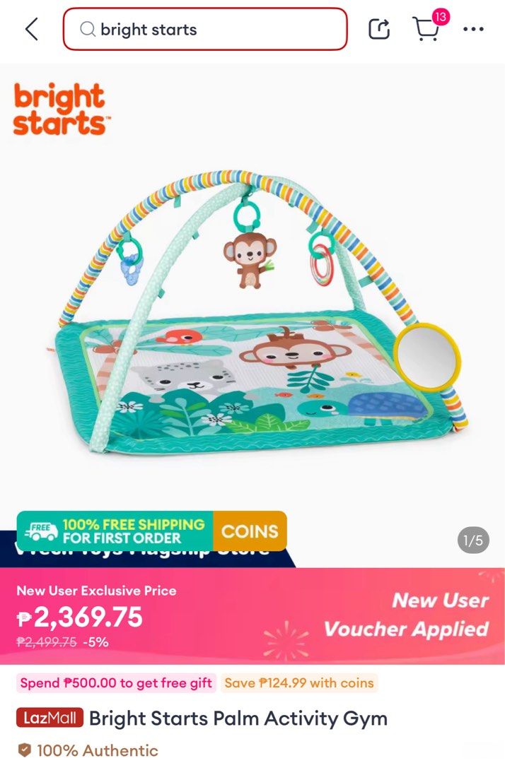 Bright Starts Baby Activity Gym (Category: Infant Playtime) located in Manila. Submitted by queensellsstuff (Listing ID 1383439479, Image 1). Description: - Arches are complete and functional but need cleaning. - Missing some toy attachments (only monkey and mirror are included) Original price is ₱2.5k.
