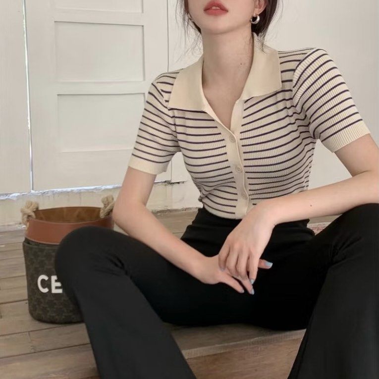 Button-up Stripe Polo Neck Knitted Top (Category: Others Tops) located in Guagua. Submitted by prefted (Listing ID 1383441741, Image 2). Description: ❗️ RUSH SALE ❗️.