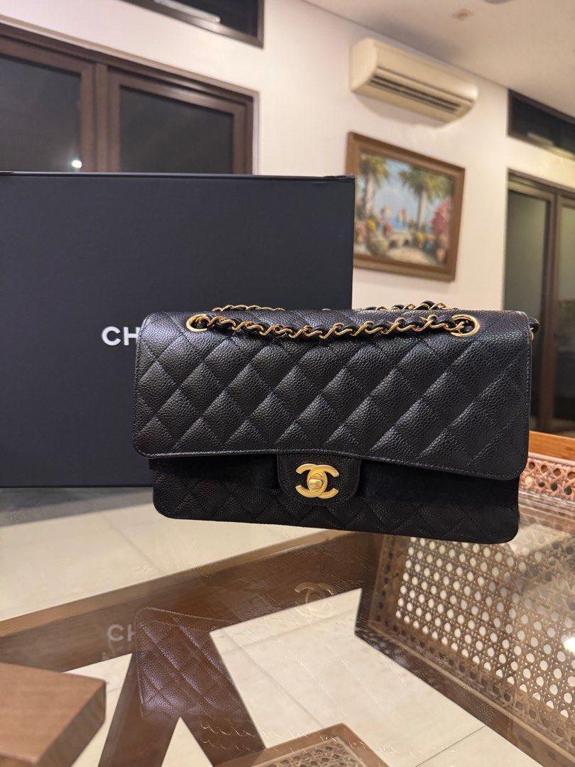 Chanel Classic Flap Medium (Category: Luxury Bags & Wallets) located in Makati City. Submitted by bbll23 (Listing ID 1383270870, Image 1). Description: Chanel Classic Flap Caviar Gold Hardware (Medium) - used only once - purchased 2023 in Korea - still has protective stickers on - microchipped.