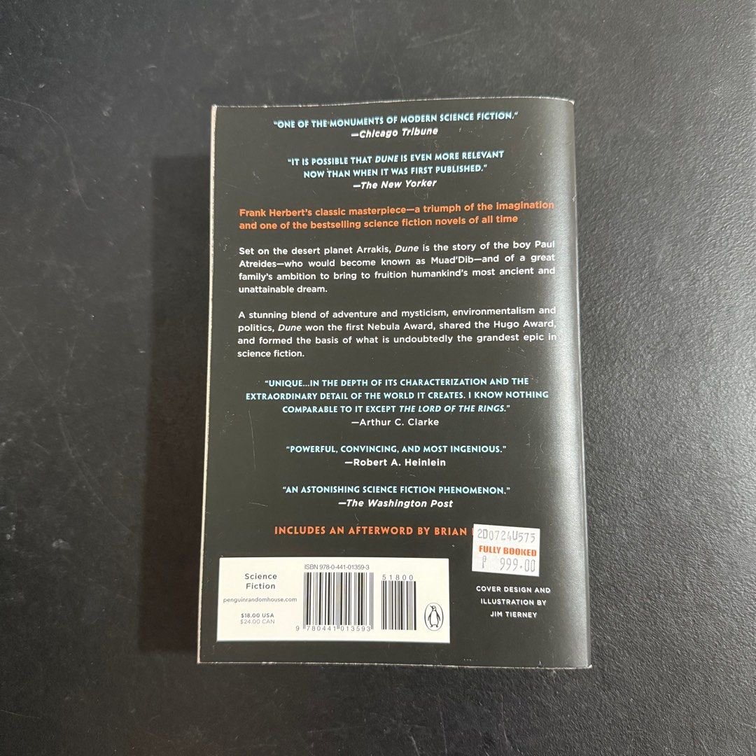 [BRAND NEW] Dune by Frank Herbert (Paperback) (Category: Storybooks) located in Manila. Submitted by peggysmomxx (Listing ID 1383356672, Image 2). Description: Title: Dune Author: Frank Herbert Condition: Brand new! Promise! Just wasn’t in a plastic cover when I got it from Fully Booked. Although it got a small stain from storage. :( (Please see photos) Didn’t get to read it so letting it go to save it from its miseryyy lol. Originally Php 999 fr