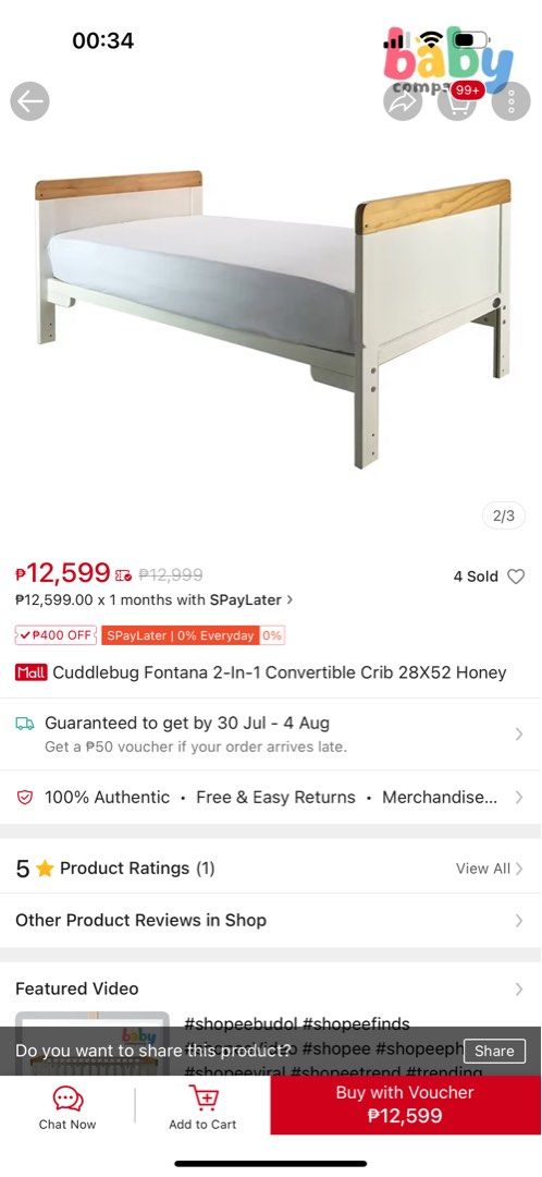 Fontana Convertible Crib (Category: Cots & Cribs) located in Binan City. Submitted by xx.garagesale (Listing ID 1383464891, Image 2). Description: Selling our Fontana Convertible Crib. Never been used, binuo lang namin during nesting 😅 Someone gifted us a bassinet kaya di nagamit. No issues other than box is already disposed na. Selling for 10k only Cavite-based DM me!.