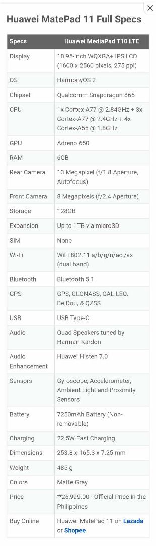 Huawei Matepad 11 (Category: Android) located in Caloocan City. Submitted by rrliao9386120 (Listing ID 1383284822, Image 3). Description: Selling my huawei tab, seldom use only. .