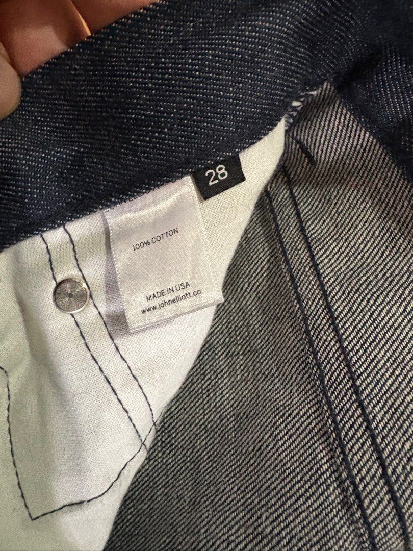 John Elliot + Co raw selvedge denim (Category: Jeans) located in Marikina City. Submitted by surity99 (Listing ID 1383301966, Image 3). Description: Up for sale is a pair of John Elliot + Co Raw Selvedge Denim in size 28 Chainstitched still with original hem and length Slim fit Lightly used Made in USA Measurements (inches): Waist 16 Rise 10 Thigh 10 Inseam 34 Leg opening 6.5 .