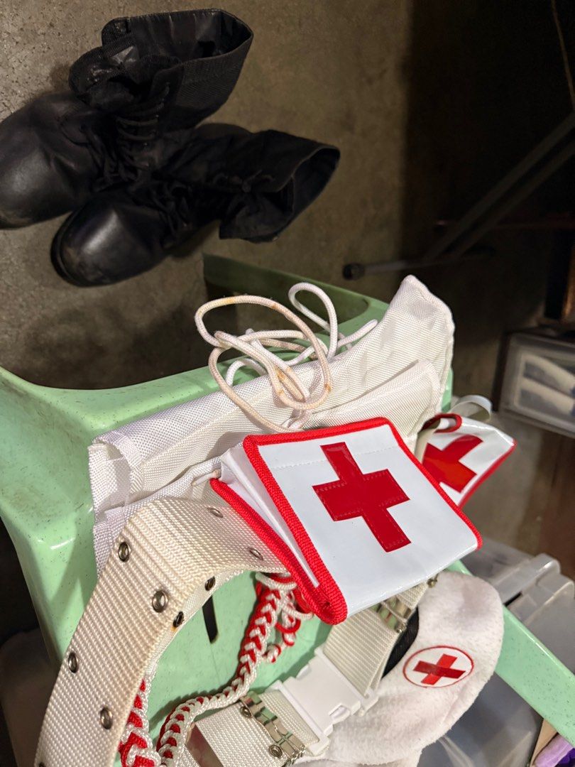 Medic ROTC essentials (Category: Other Sports Equipment and Supplies) located in Manila. Submitted by babybulilit (Listing ID 1383360857, Image 1). Description: as is as is 1. combat shoes size 10- needs cleaning, used but not abused 2. medic beret 3. whistle 4. medic armband 5. first aid pouch 6. medic lanyard 7. whistle 8.pistol belt 9. white leggings and white shoe laces loc: sampaloc manila.