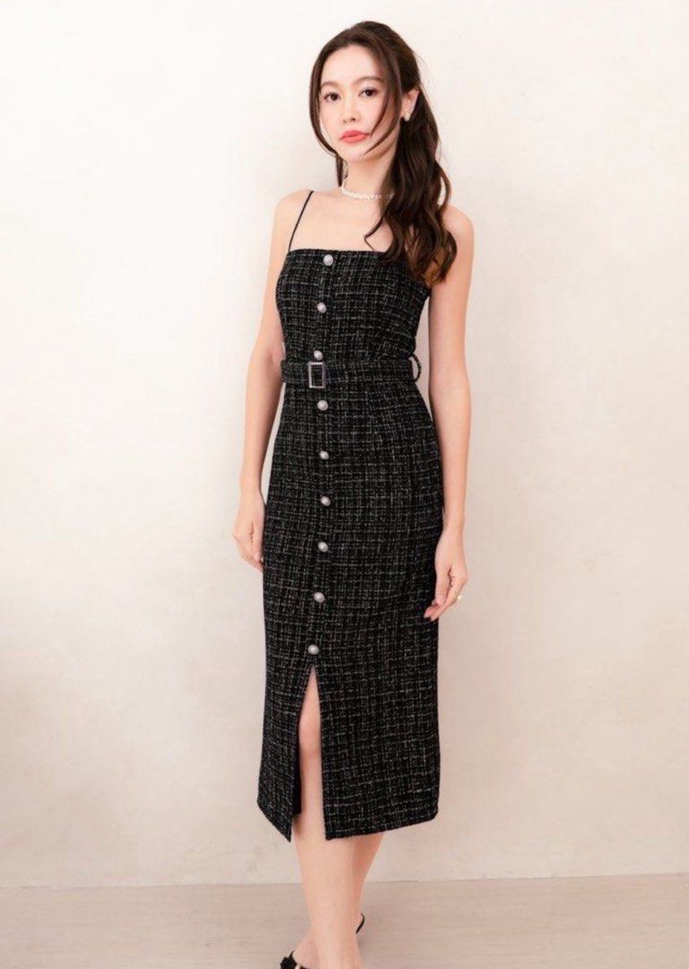 gemma tweed maxi dress Just in case you needed a new obsession - Wrapped in a sweetheart neckline with delicate front buttons and flowing fabric that dances with every step Mikayla Gemma Suede Tweed Belted