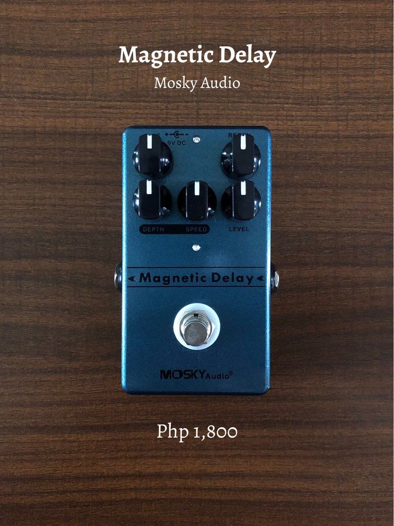 Mosky Audio Magnetic Delay (Guitar Effects Pedal) (Category: Musical Instruments) located in Makati City. Submitted by lorriefiggy (Listing ID 1383402074, Image 1). Description: A true bypass guitar effect pedal featuring dedicated controls for delay time, modulation depth and speed, regeneration (number of repeats), and echo level, allowing for versatile classic to experimental delay sounds.