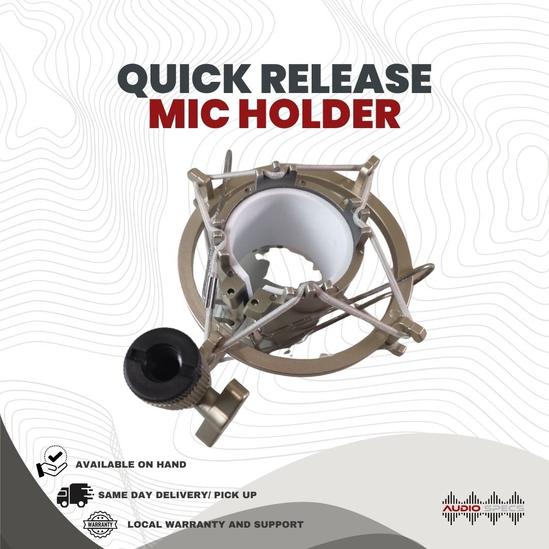 Quick Release Shock Mount Microphone Holder (Category: Microphones) located in Quezon City. Submitted by allanpauco (Listing ID 1073970232, Image 2). Description: Quick Release Shock Mount Microphone Holder Brand new units available on hand Available for pick-up or shipping courtesy of buyer All items are tested and guaranteed in good working conditions before we handover to our buyers. Exceptions are those in sealed packagings. Compatibility is 