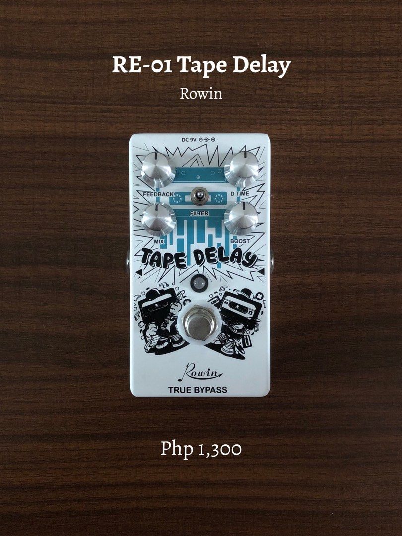 Rowin RE-01 Tape Delay (Guitar Effects Pedal) (Category: Musical Instruments) located in Makati City. Submitted by lorriefiggy (Listing ID 1383400481, Image 1). Description: A digital delay pedal housed in a full metal shell, offering a grainy, classic tape echo sound with true bypass, onboard filter modulation, and four control knobs for feedback, time, mix, and boost.