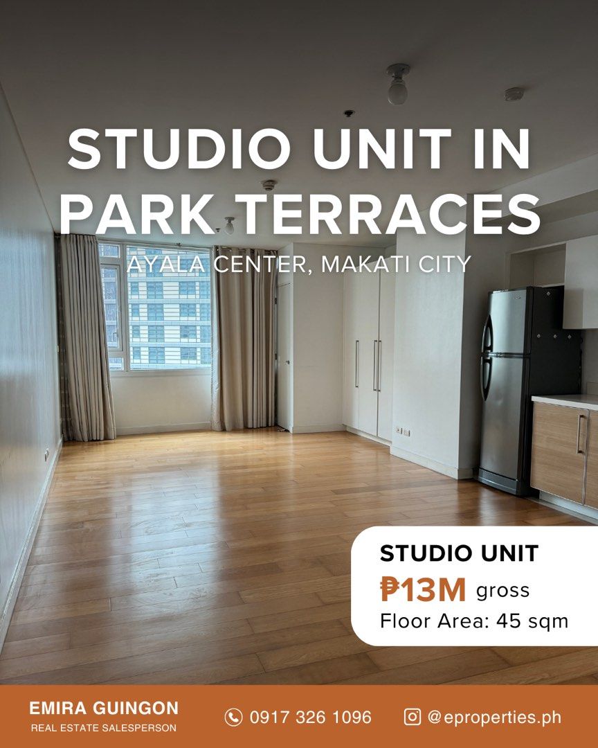 Studio in Park Terraces, Makati for Sale (Category: Apartments & Condos) located in Pasig City. Submitted by propertiesbyemira (Listing ID 1383330249, Image 1). Description: FOR SALE: Studio Unit in Park Terraces 📍Park Terraces Tower 1 12th floor Studio 45 sqm No parking Price: ₱13M gross .