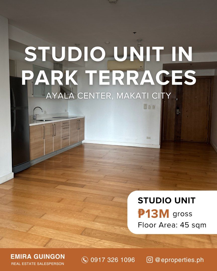 Studio in Park Terraces, Makati for Sale (Category: Apartments & Condos) located in Pasig City. Submitted by propertiesbyemira (Listing ID 1383330249, Image 2). Description: FOR SALE: Studio Unit in Park Terraces 📍Park Terraces Tower 1 12th floor Studio 45 sqm No parking Price: ₱13M gross .