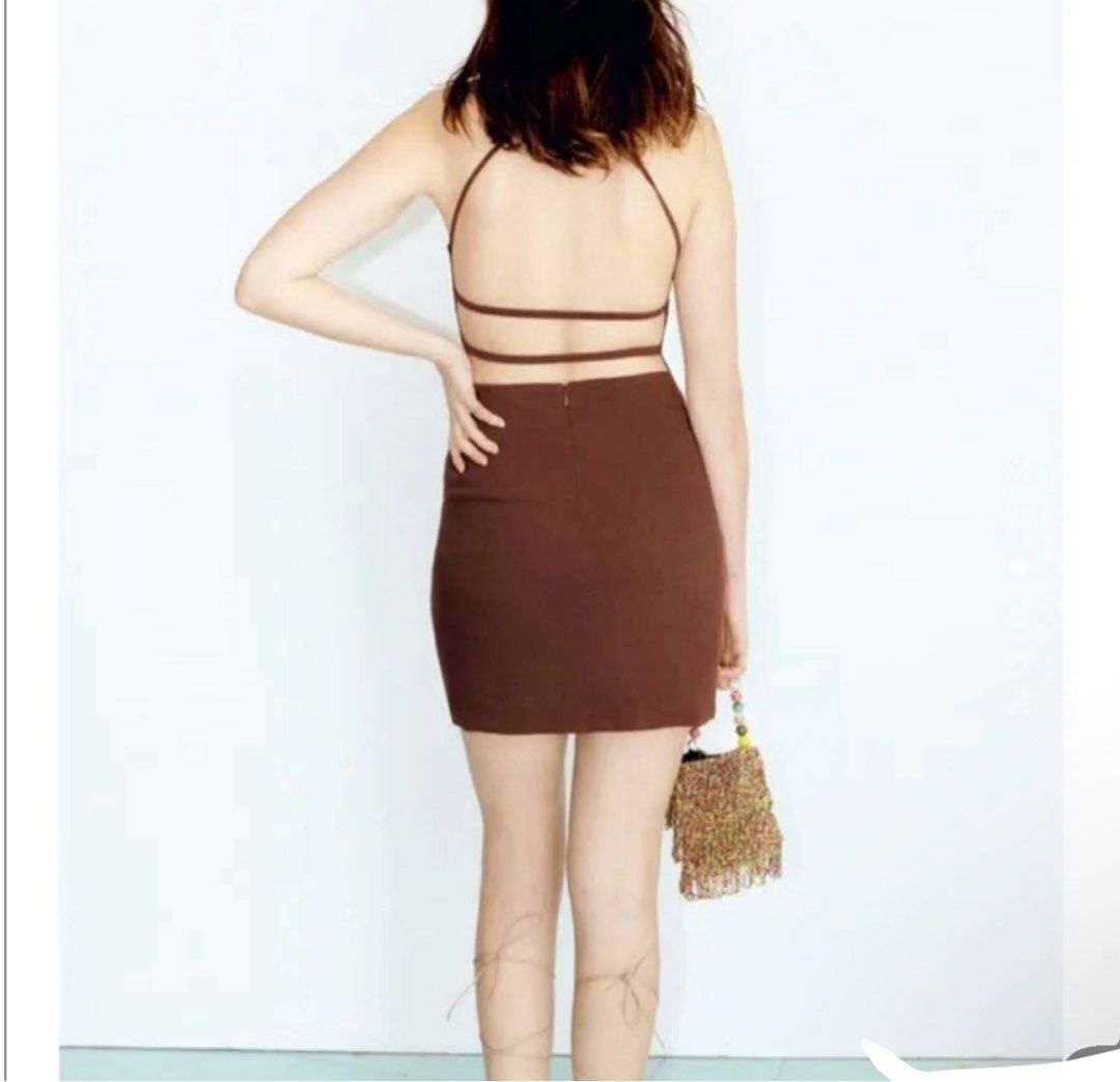 Zara Brown Mini Dress with Beaded Strap (Category: Dresses) located in Manila. Submitted by iluvbiscoffcookie (Listing ID 1383452367, Image 3). Description: Super pretty ! 🤎🤎.