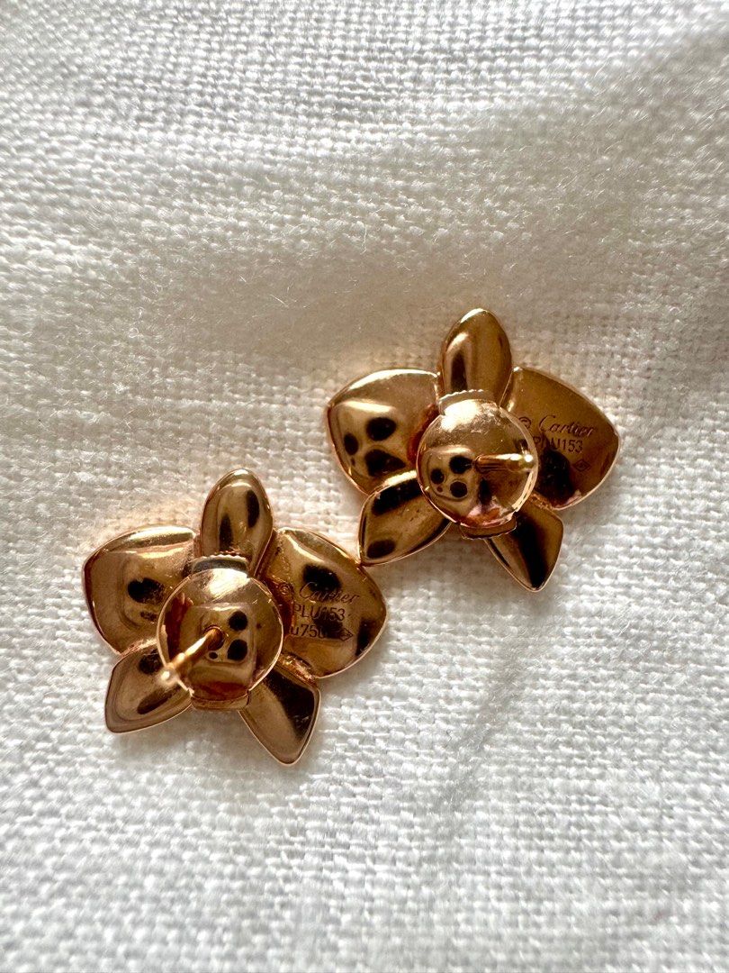 18K Rose Gold Orchid Earrings (Category: Earrings) located in Bocaue. Submitted by arnssss (Listing ID 1383544714, Image 3). Description: Cartier mirror copy in 18k rose gold. Approx 6.07g with natural diamonds.