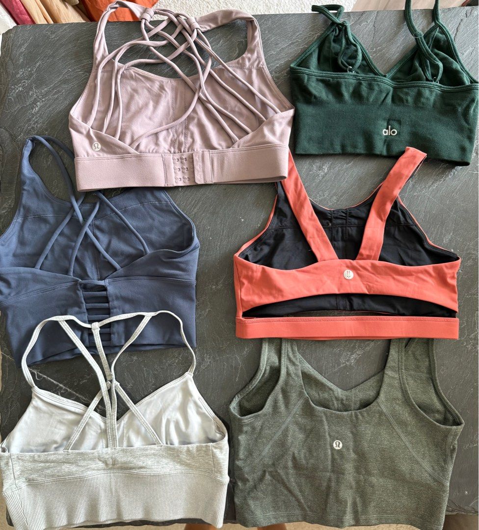 Alo, Lululemon, NYA Sports bra (Category: Activewear) located in Singapore. Submitted by kateloveskitkat (Listing ID 1383534206, Image 2). Description: From top left - blush lulu top (from Taobao) S $14 - Alo green S $25 - blue top S $9 - NYA coral top from bali (brand new) $25 - Alo grey bra M $25 - lulu align green top size 4 (from Taobao) $14 .