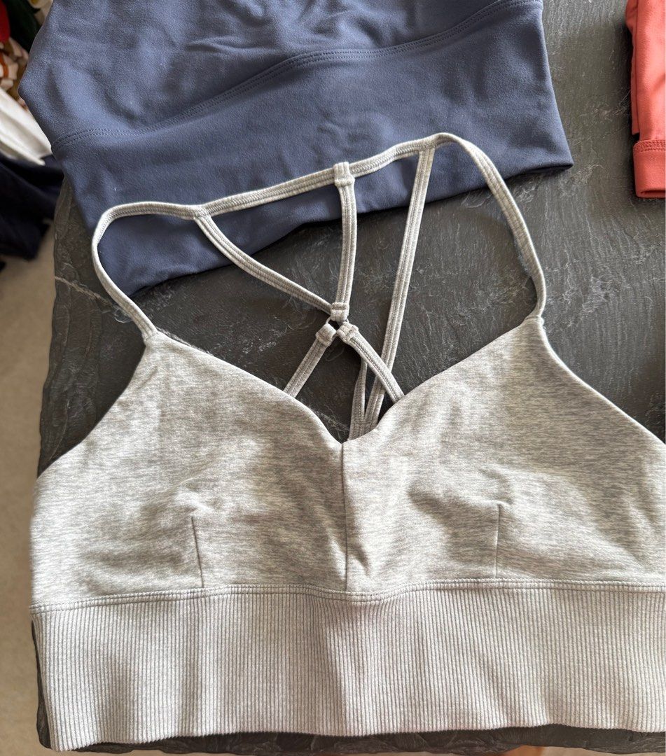 Alo, Lululemon, NYA Sports bra (Category: Activewear) located in Singapore. Submitted by kateloveskitkat (Listing ID 1383534206, Image 3). Description: From top left - blush lulu top (from Taobao) S $14 - Alo green S $25 - blue top S $9 - NYA coral top from bali (brand new) $25 - Alo grey bra M $25 - lulu align green top size 4 (from Taobao) $14 .