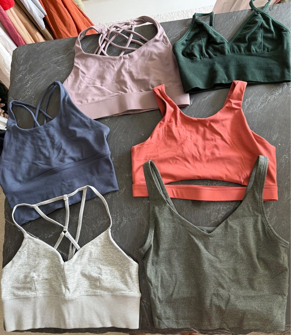 Alo, Lululemon, NYA Sports bra (Category: Activewear) located in Singapore. Submitted by kateloveskitkat (Listing ID 1383534206, Image 1). Description: From top left - blush lulu top (from Taobao) S $14 - Alo green S $25 - blue top S $9 - NYA coral top from bali (brand new) $25 - Alo grey bra M $25 - lulu align green top size 4 (from Taobao) $14 .