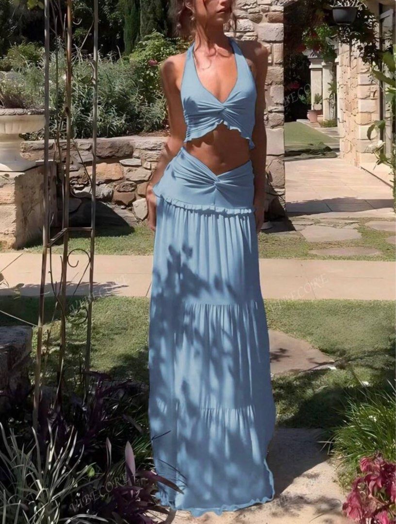 blue ruched halter top and skirt set (Category: Sets or Coordinates) located in Manila. Submitted by itszmiks (Listing ID 1383574750, Image 1). Description: used once only.