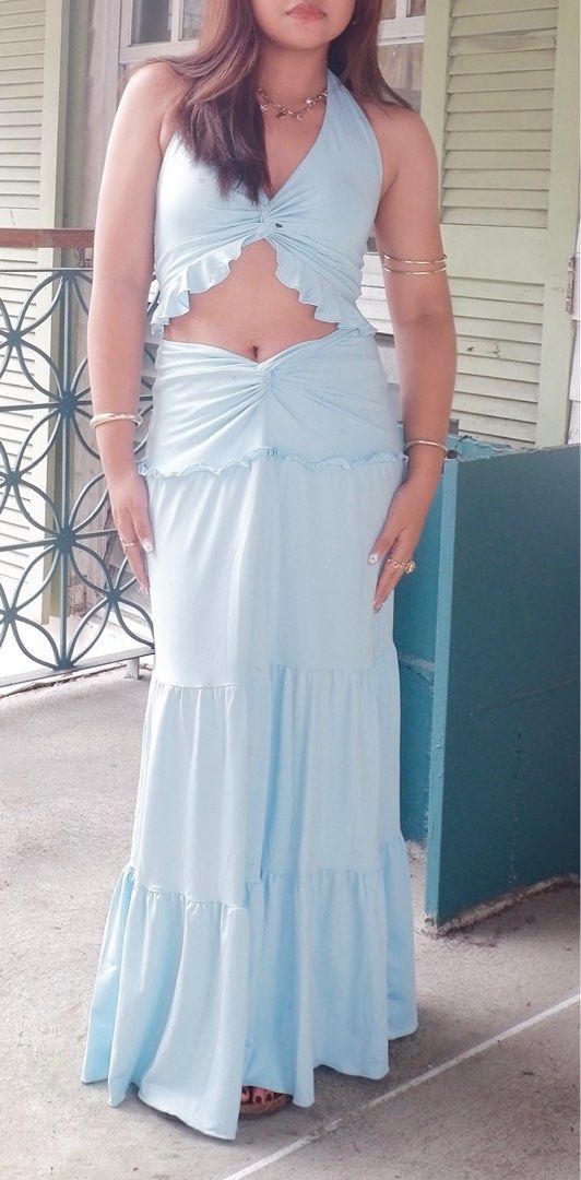 blue ruched halter top and skirt set (Category: Sets or Coordinates) located in Manila. Submitted by itszmiks (Listing ID 1383574750, Image 3). Description: used once only.