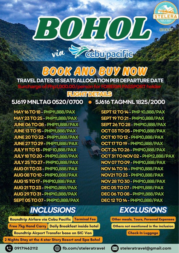 Bohol Package (Category: Local Attractions & Transport) located in Taguig. Submitted by nodeikcaj (Listing ID 1383551012, Image 1). Description: Discover the beauty of Bohol! ✨ Plan your perfect getaway today with exclusive flight and accommodation deals. Book now and make unforgettable memories for as low as PHP10,888 😍✈️ Inclusions: ✈️Roundtrip Airfare via Cebu Pacific 👜Free 7kg Hand Carry 🚌Terminal Fee 🛌2 Nights Stay at 4 star Story Resort