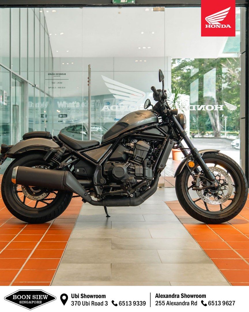 Honda CMX1100 Rebel (BRAND NEW AGENT MODEL) (Category: Class 2) located in Singapore. Submitted by boonsiewsingapore (Listing ID 1219605908, Image 1). Description: Conventional is stuffy. Wear your individuality on your sleeve with the Rebel 1100. A no-nonsense motorcycle that pays tribute to the fat bobber-style low riders of yesteryear, the Rebel continues to push boundaries whilst staying true to its origins. Modern upgrades like full-LED ligh