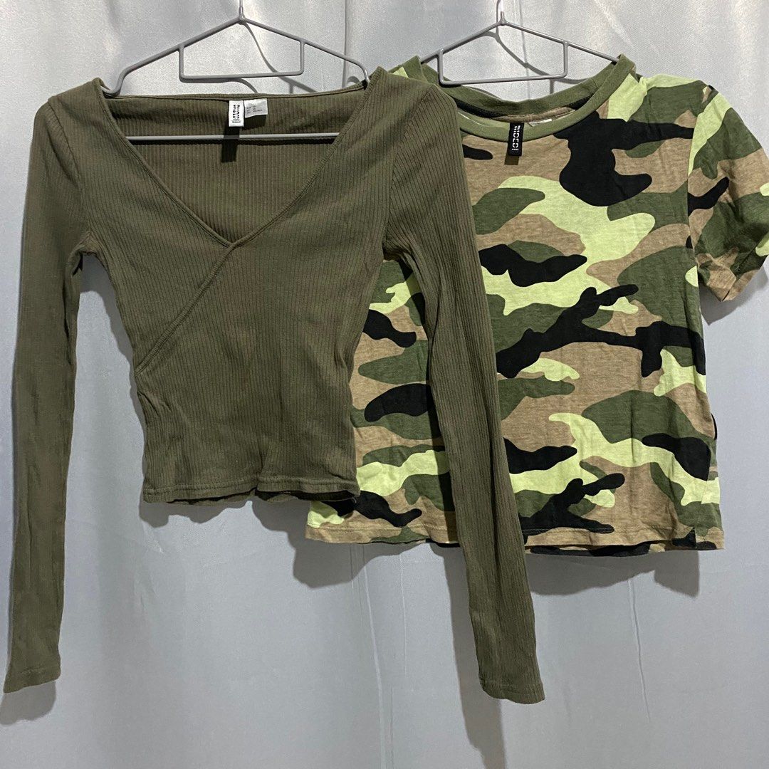 BUNDLE H&M green long sleeve and camou tee (Category: Longsleeves) located in Bacoor. Submitted by zelswardrobe (Listing ID 1383657171, Image 1). Description: ❕ •used once •color may vary due to lighting •no ww •s •not see through rfs: decluttering Mode of payment: Gcash (payment first) .