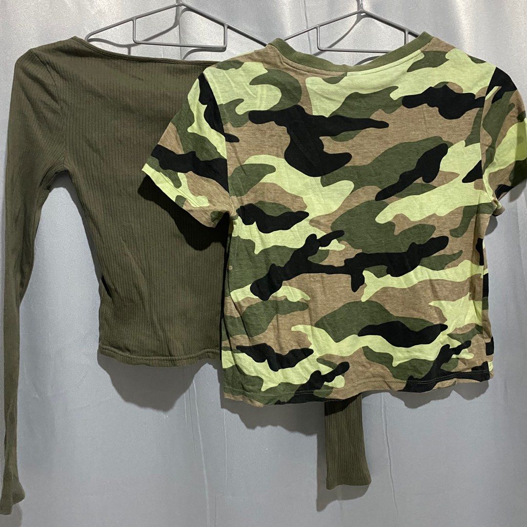 BUNDLE H&M green long sleeve and camou tee (Category: Longsleeves) located in Bacoor. Submitted by zelswardrobe (Listing ID 1383657171, Image 2). Description: ❕ •used once •color may vary due to lighting •no ww •s •not see through rfs: decluttering Mode of payment: Gcash (payment first) .
