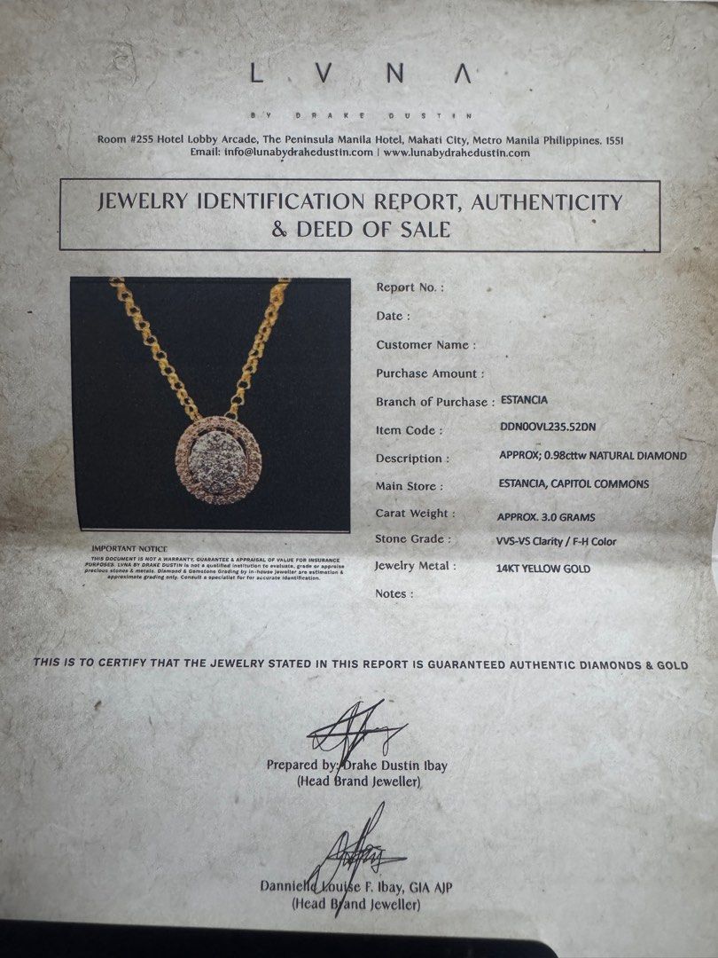 FOR SALE: AUTHENTIC LUNA DIAMOND NECKLACE (Category: Necklaces) located in Quezon City. Submitted by andrewdeocampo (Listing ID 1383470593, Image 2). Description: ✨ Stunning 0.98cttw Natural Diamond Pendant 🔍 VVS–VS Clarity, F–H Color (Very High Quality) 💰 14K Yellow Gold | 3.0 grams 🧾 Comes with Jewelry Identification Report & Authenticity Certificate from Luna by Drake Dustin 🏬 Purchased at Luna Estancia Branch – Trusted luxury jeweler.