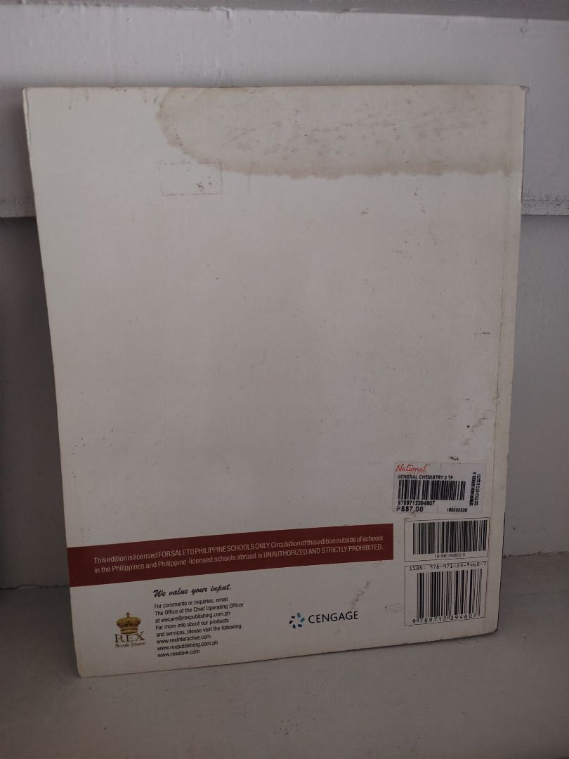 General Chemistry 2 (Philippine Edition) by Cengage (Category: Textbooks) located in Quezon City. Submitted by httplatte (Listing ID 1383572517, Image 2). Description: Back cover has a visible stain, but pages are clean and complete. Still usable..