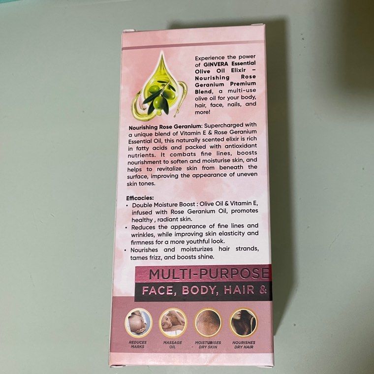 Ginvera Olive Oil Elixir Nourishing Rose Geranium (multi purpose oil for face, body, hair and more) 100ml (Category: Face Care) located in Singapore. Submitted by armyjeon (Listing ID 1380337691, Image 2). Description: Brand new! Self collect at Serangoon north (my blk) or thru tracked ($2.90) or meetup at sengkang mrt (weekdays only) Price is fixed Exp:01-2028.