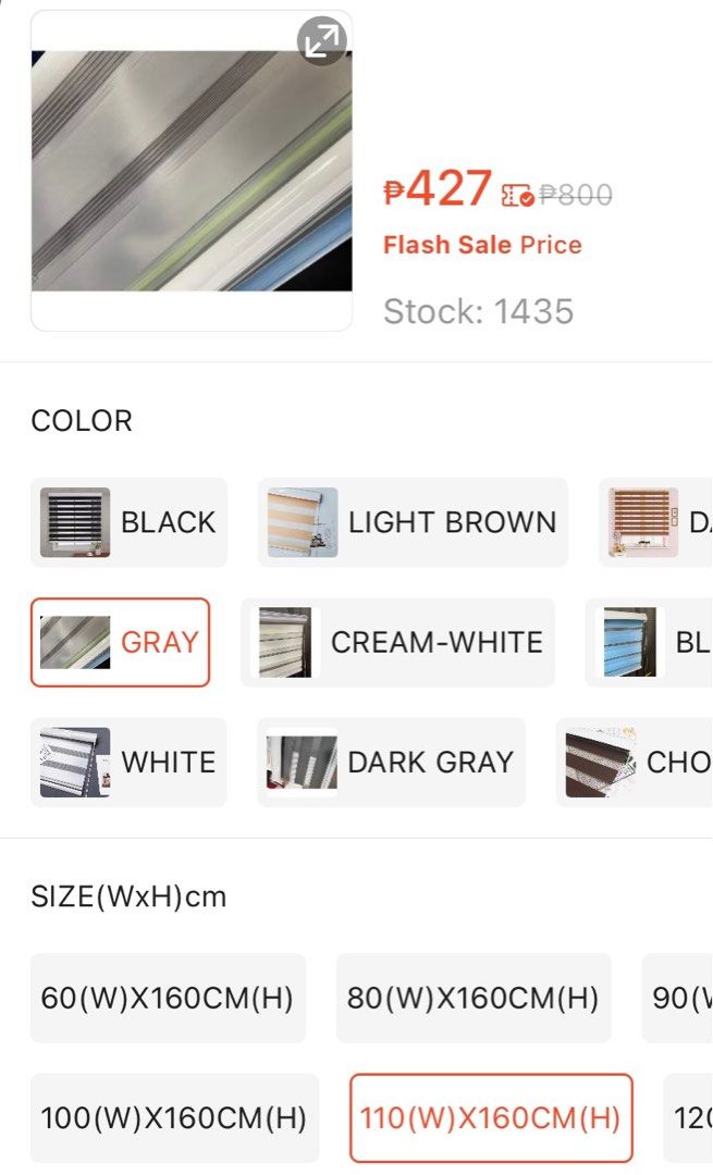 Grey color Korean blinds (Category: Curtains & Blinds) located in Manila. Submitted by letsirkrom34542 (Listing ID 1383595501, Image 3). Description: Korean blinds color grey not use. Sizes available Width x height: 110cm x 160cm (x1)=₱ 370 100cm x 160cm (x2)= ₱270/piece RFS: wrongly bought the sizes Slightly negotiable or buy ALL for ₱850 Meet up or book your own courier Thanks for browsing! 👍.