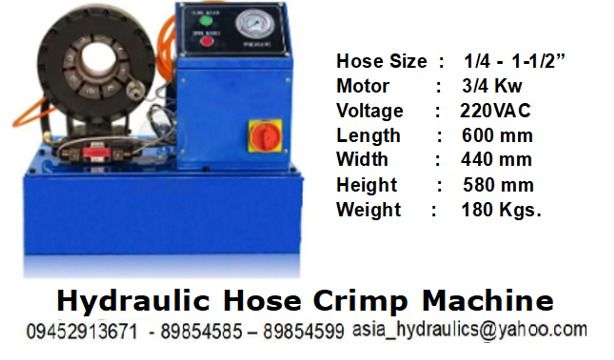 HYDRAULIC HOSE CRIMPING MACHINE (Category: Construction Tools & Equipment) located in Quezon City. Submitted by mpecorp902 (Listing ID 1383481636, Image 1). Description: Electric operated Hydraulic Hose Crimping Machine , hose range 1/4 to 1-1/2 capacity to crimp . 220VAC . use for industrial or a mobile hydraulic hose crimping , adjustable pressure for crimp force . .