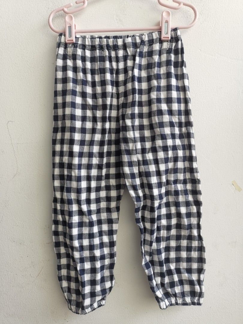MUJI Kids Fashion Lounge Wear White Blue Checker Long Pants (Category: Babies & Kids Fashion) located in Kuala Lumpur. Submitted by artemis_apparel (Listing ID 1383559358, Image 1). Description: Size: 100-110 Approx Measurement: Waist Width: 23.5cm Hip Width: 33cm Thigh Width: 19cm Top to Bottom: 58cm Condition: 8.5/10 Material: Cotton Uploaded: Jul2025 Date: 29-07-2025 LL..