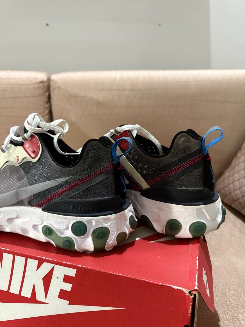 Nike react elements 87 (Category: Sneakers) located in Singapore. Submitted by secondtake. (Listing ID 1383565195, Image 2). Description: Nike react elements red blue anthracite Condition : 9/10 ( do note the discolouration at the back as was kept in storage) Only worn twice. Nego for fast deal. Rfs: underutlised and clearing space as I’m shifting out soon. Comes with box. Tags new balance asics streetwear sneakers shoes adidas nike not .
