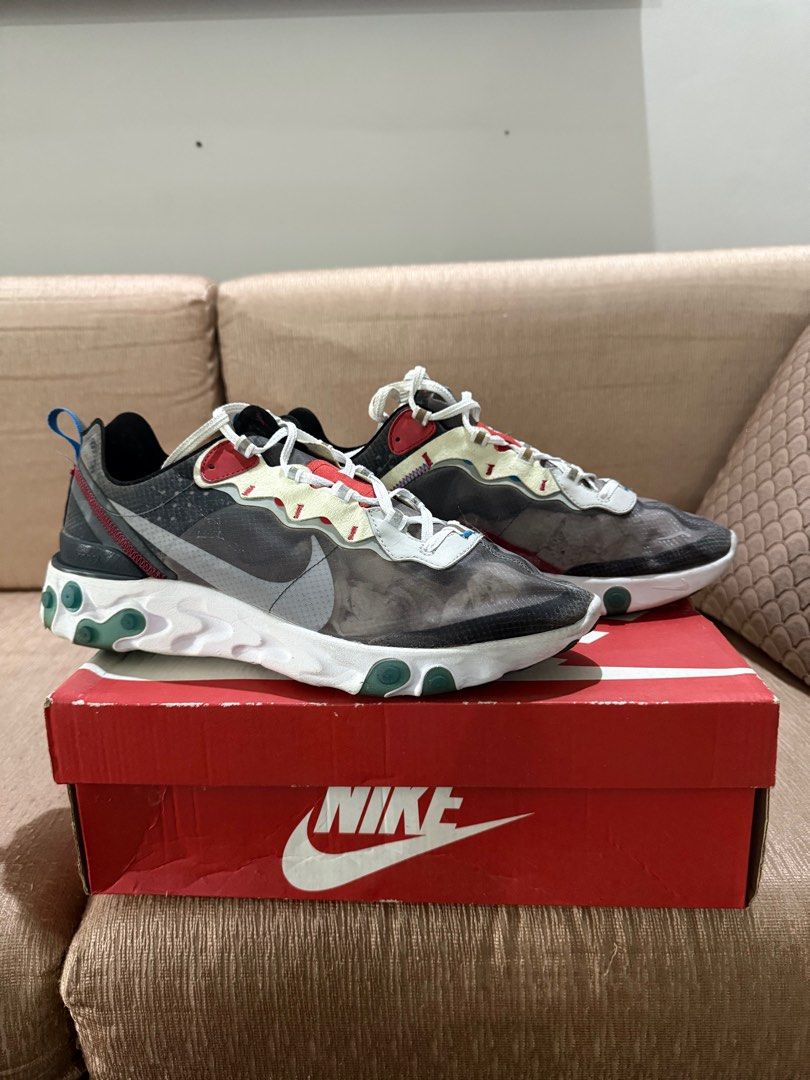 Nike react elements 87 (Category: Sneakers) located in Singapore. Submitted by secondtake. (Listing ID 1383565195, Image 1). Description: Nike react elements red blue anthracite Condition : 9/10 ( do note the discolouration at the back as was kept in storage) Only worn twice. Nego for fast deal. Rfs: underutlised and clearing space as I’m shifting out soon. Comes with box. Tags new balance asics streetwear sneakers shoes adidas nike not .