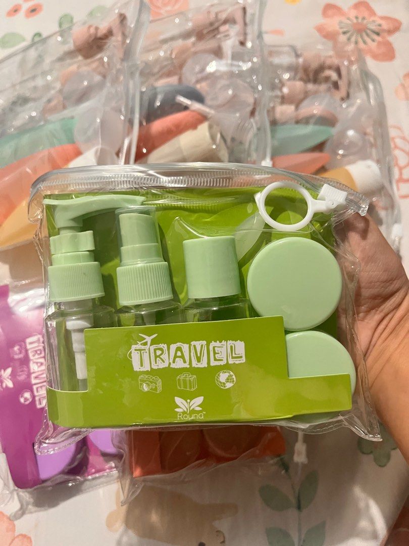 Travel Plastic Bottle Container (Category: Water Bottles & Tumblers) located in Manila. Submitted by melodyzafe77776 (Listing ID 1383630218, Image 3). Description: Empty bottle containers for travelers 6 in 1 (PINK, GREEN, PURPLE) - 70 pesos 1 bottle pump 1 sprayer bottle 1 bottle disk cap 2 cream jars 1 plastic mini spoon ————————————— 11 in 1 (LIGHT COLOR, DARK COLOR) - 120 pesos 1 lotion bottle 1 spray bottle 1 flip bottle 2 cream box 1 pick b