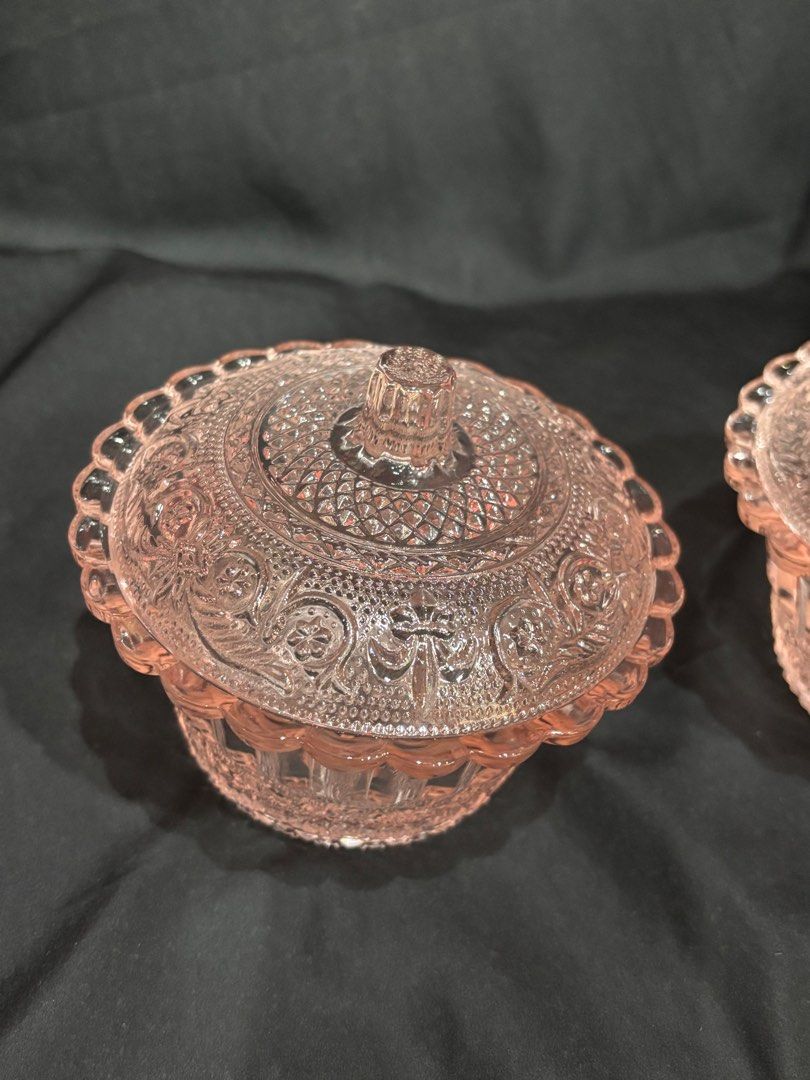 2 Vintage Pink Pressed Glass Candy Jars (Category: Vintage Collectibles) located in Singapore. Submitted by villageplace (Listing ID 1378365396, Image 2). Description: 2 Vintage Pink Pressed Glass Candy Jars No chips or cracks Both for $38.