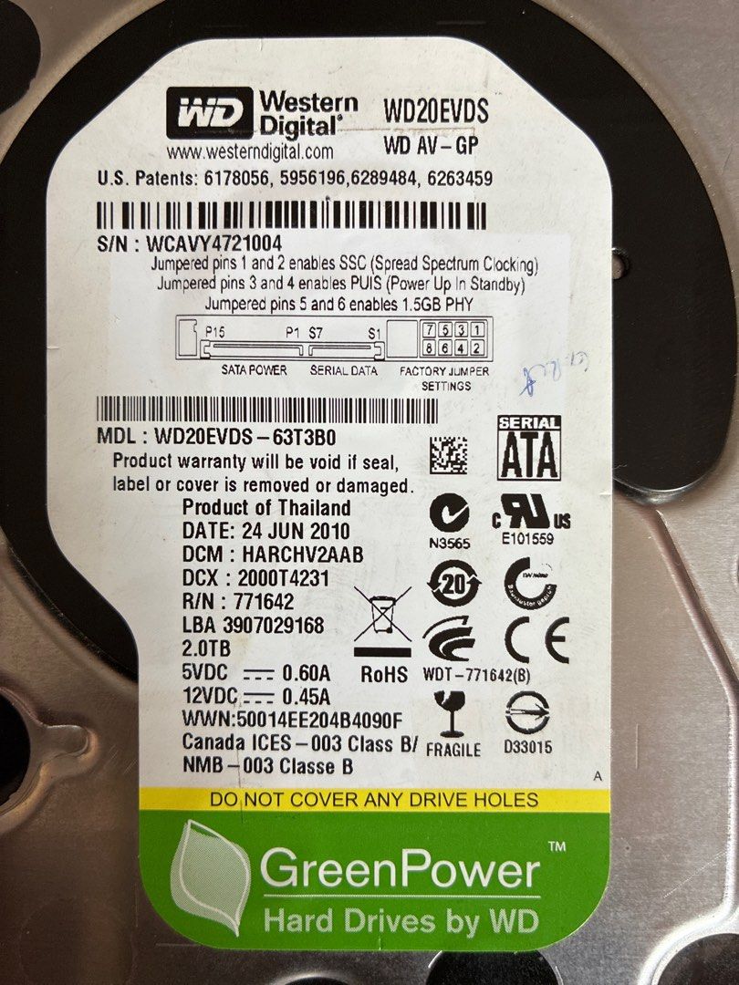 2TB SATA HDD Western Digital Seagate Hitachi 63222773662210118