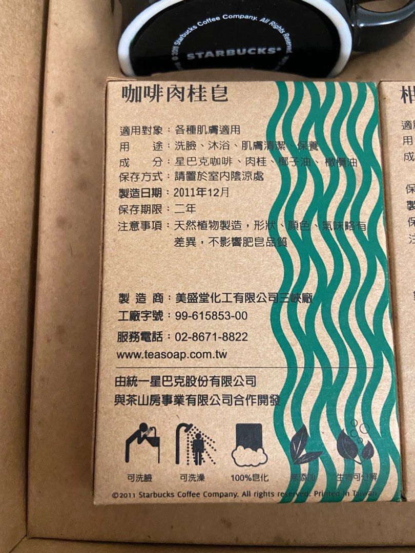 由 a13425 (刊登 ID 1378394123，圖片 2) 提交，位於 台北市 (Taipei) 的 星巴克 三盎司小杯子*2 肥皂*3 (類別：水杯、水壺)，說明：雖然是全新沒有用過的商品但是放在櫃子裡非常久了，盒子本身有一些髒污，肥皂沒有打開來確認過但效期是過期的不介意的人再下單。