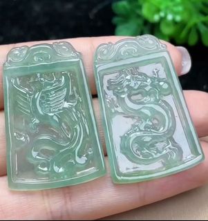 福利天然A貨翡翠高冰龍鳳牌吊墜送高貨繩64225027545091110