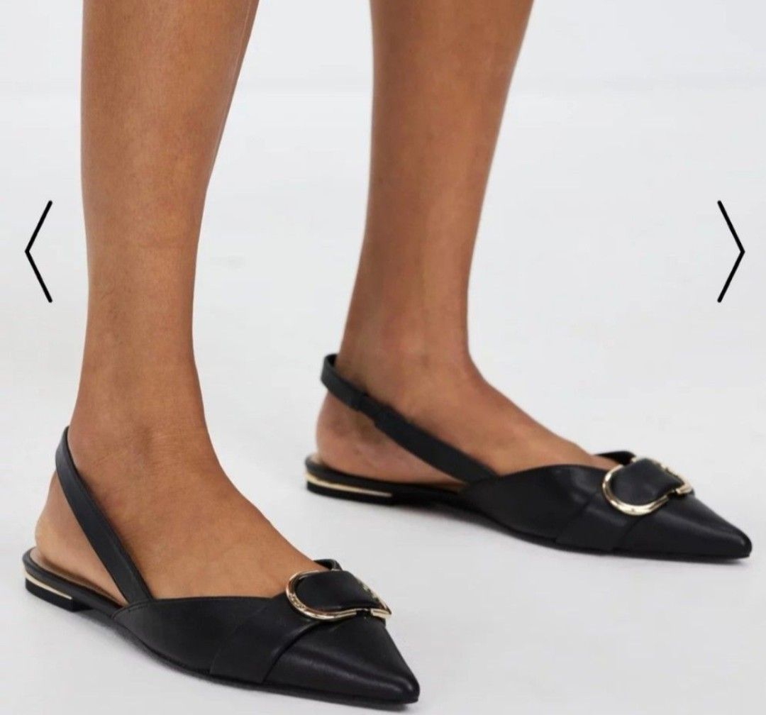 Aldo Black Slingback Flats - Size 8 (Category: Flats) located in Singapore. Submitted by sharmaine.08 (Listing ID 1378414890, Image 2). Description: - Aldo black slingback flats - Pointed toe design - Features a stylish gold buckle - Size: US 8, Euro 38.5, UK 5.5 - Made in China - Comes with original box. worn twice. washed n clean.