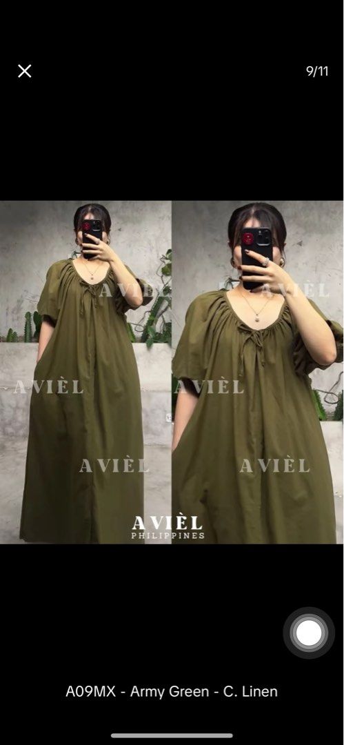Army green (Category: Dresses) located in Quezon City. Submitted by leafymix (Listing ID 1378429779, Image 3). Description: Used once Bought from Tiktok worth 580php Size up to XXL Cotton/Linen fabric.