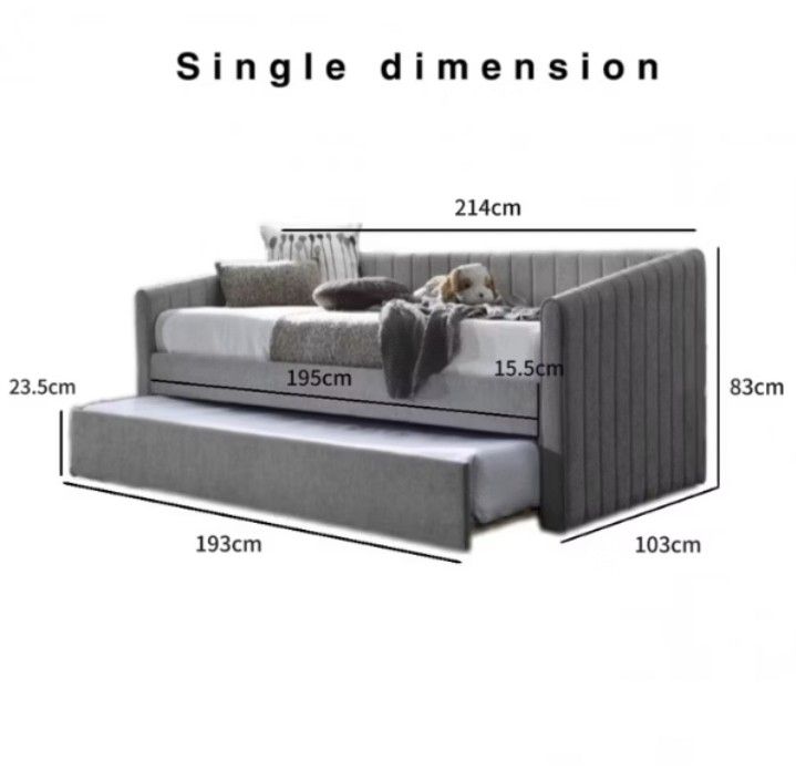 Bed frame | Pull out bed | Double layer bed | Double stack bed (Category: Bed Frames & Mattresses) located in Singapore. Submitted by nunu.wholesale (Listing ID 1378379014, Image 2). Description: Tundle double bed Sizes -Single $419 -Super Single $439 Color -Grey -Beige Additional fee for installation Only paynow / paylah / bank transfer ✅️ Return & Refund will be arranged if unsatisfactory :).