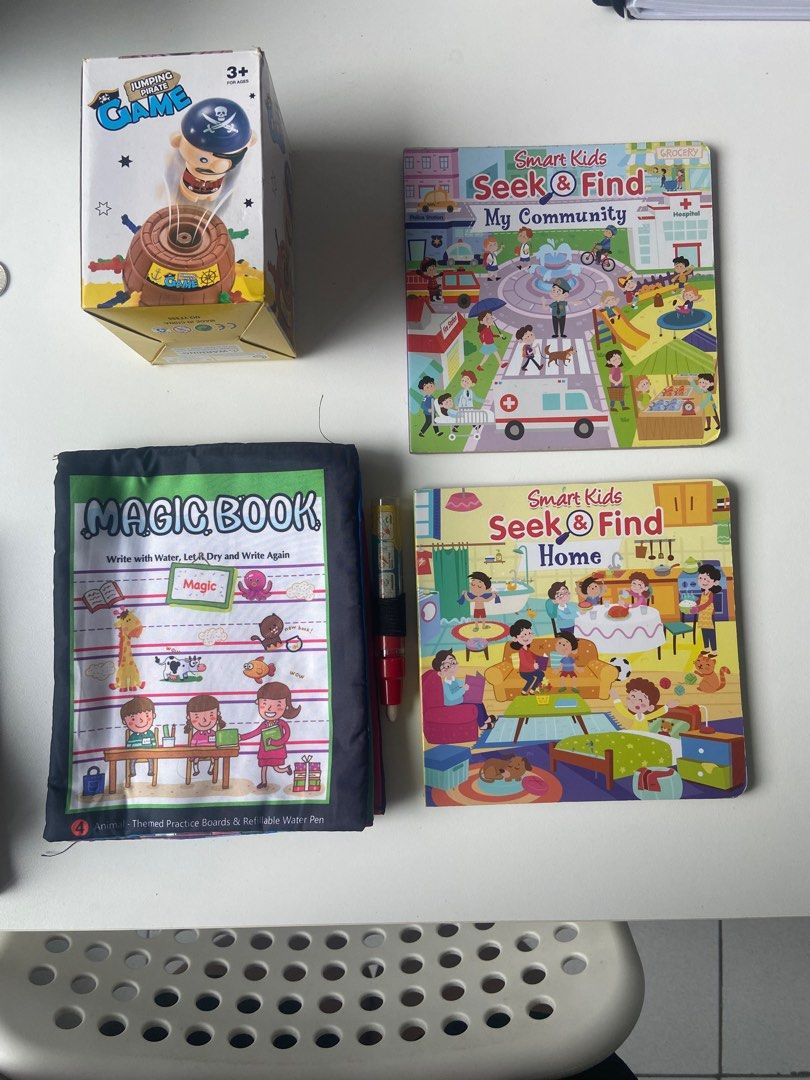 Books and Mini pop up pirate (Category: Children's Books) located in Quezon City. Submitted by francescacc (Listing ID 1378341516, Image 2). Description: Get all interactive books for 550 See flaw seen in last pic Other books in good condition Action words still new (with plastic) Mini pop up pirate may have some swords lost.