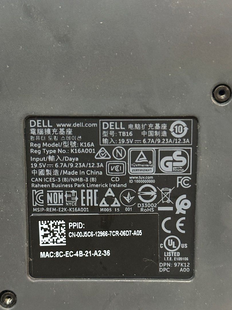 Dell TB16 Thunderbolt Docking Station X2 (Category: Other Accessories) located in Singapore. Submitted by jeremyle (Listing ID 1378479723, Image 3). Description: Dell K16A Thunderbolt Docking Station. Features multiple ports including - HDMI -DisplayPort - USB-C, USB 3.0 - Ethernet. Provides power delivery and supports dual 4K displays. Tested and working. Minor cosmetic wear. Compatible with other brands and some MacBook. One of the best docking