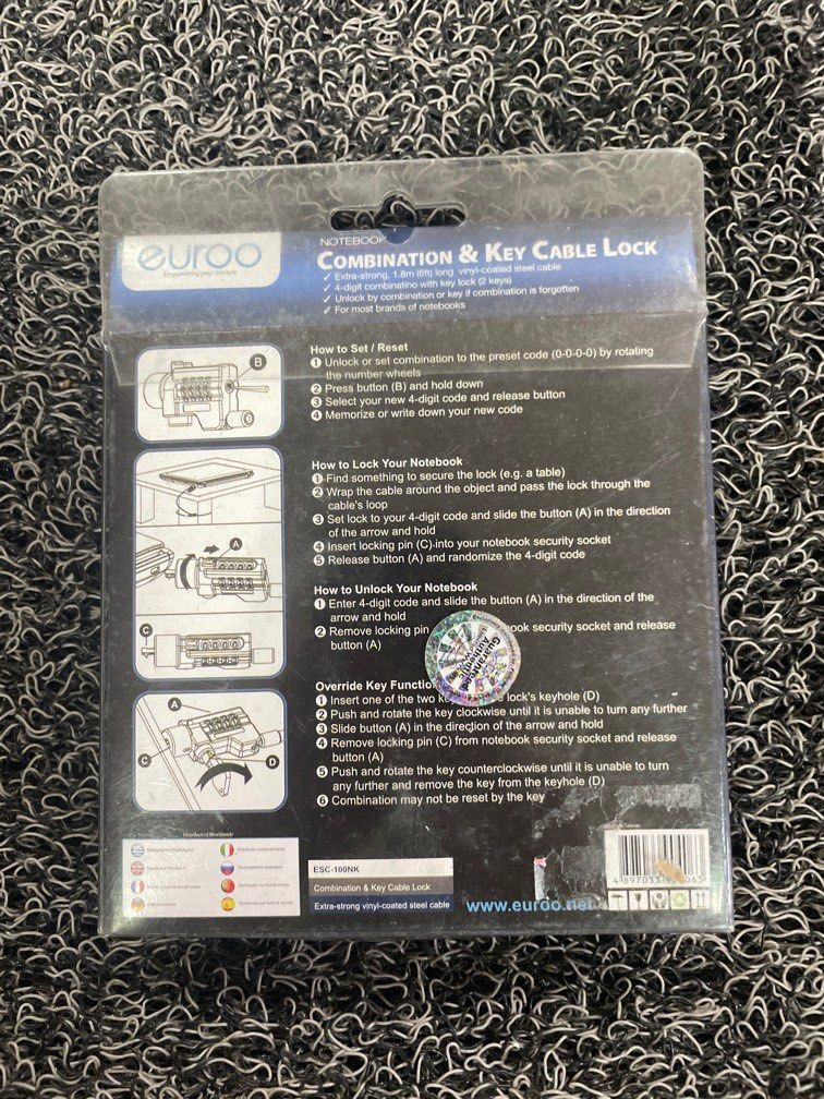 Euroo combination and key cable lock (Category: Locks, Doors & Gates) located in Pasay City. Submitted by enrico_appliances (Listing ID 1378365981, Image 2). Description: Euroo combination and key cable lock with keys still works in original packaging.