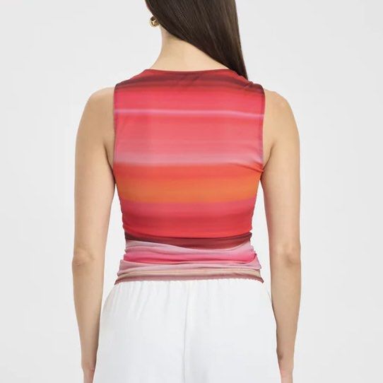 Kookai Rae stripe tank (Category: Sleeveless) located in Singapore. Submitted by salsyyy (Listing ID 1378443148, Image 2). Description: The Rae Tank is a sophisticated and stylish piece, adorned with a soft stripe prink with hues of pink, red, and yellow. The minimalist, sleeveless design and crew neckline provide a classic and versatile look. Pair it with tailored white pants to let the vibrant print make a statement. MAIN: 83% POLYESTER, 17% EL